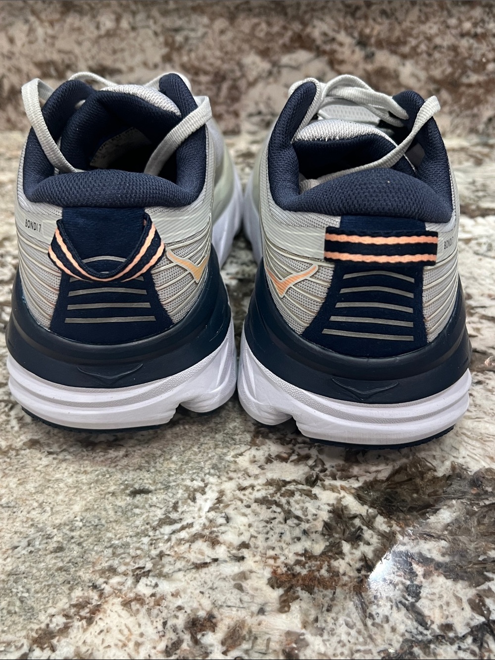 Hoka Women's Bondi 7 Sneakers in Light Gray, Navy & Peach - Picture 3 of 7